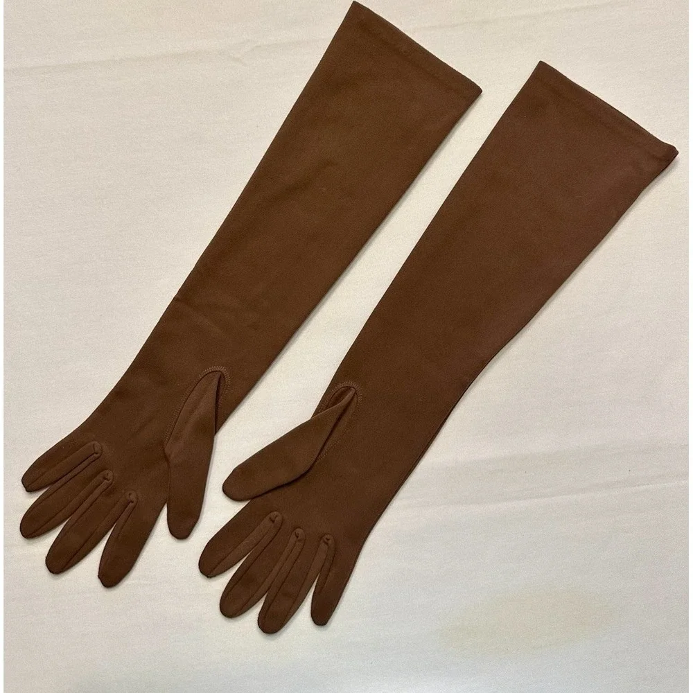 VTG Made in USA Stretch‎ Nylon DARK BROWN GLOVES Elbow Length OPERA THEATER M/L